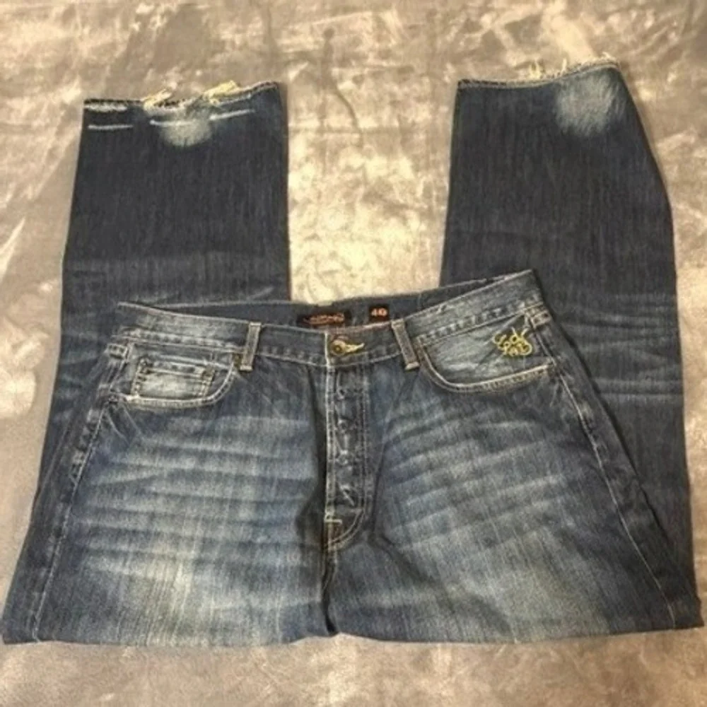 Ed Hardy Christian Audigier Denim Jeans Men 40x32 Blue Embroidered Button Fly